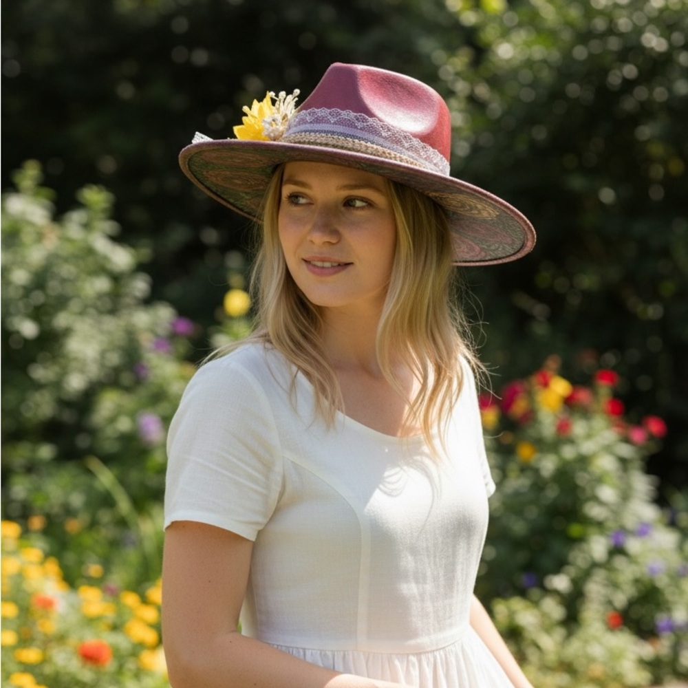 Hand Painted Burgundy Western Hat | Floral Sunflower Accent |Size 7
